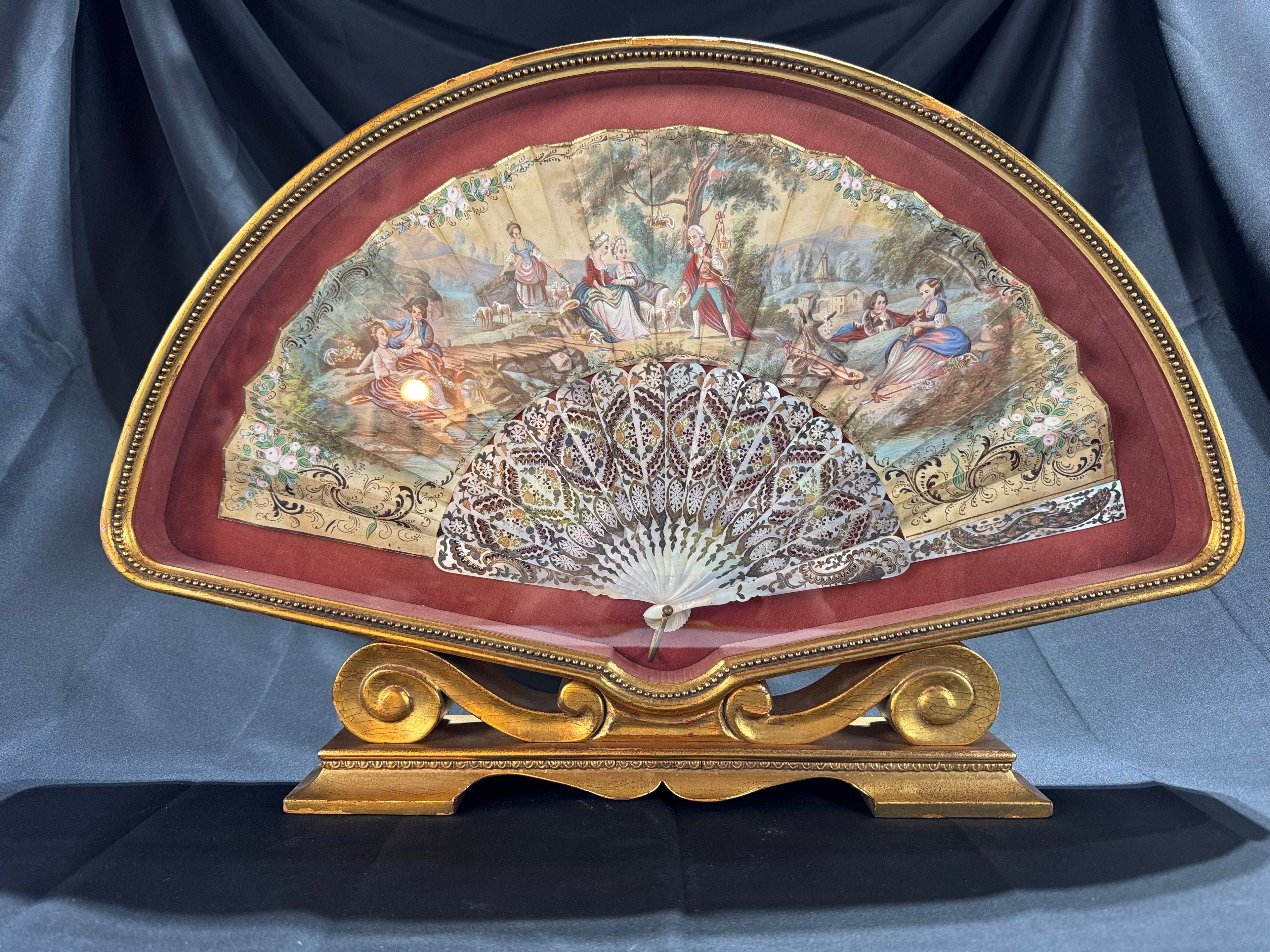 Antique European Hand-Painted Fan Shadowbox Frame – Mother-of-Pearl Style, Romantic Scene, Ornate Gilded Display, c.1900