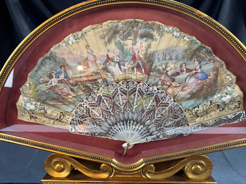 Antique European Hand-Painted Fan Shadowbox Frame – Mother-of-Pearl Style, Romantic Scene, Ornate Gilded Display, c.1900