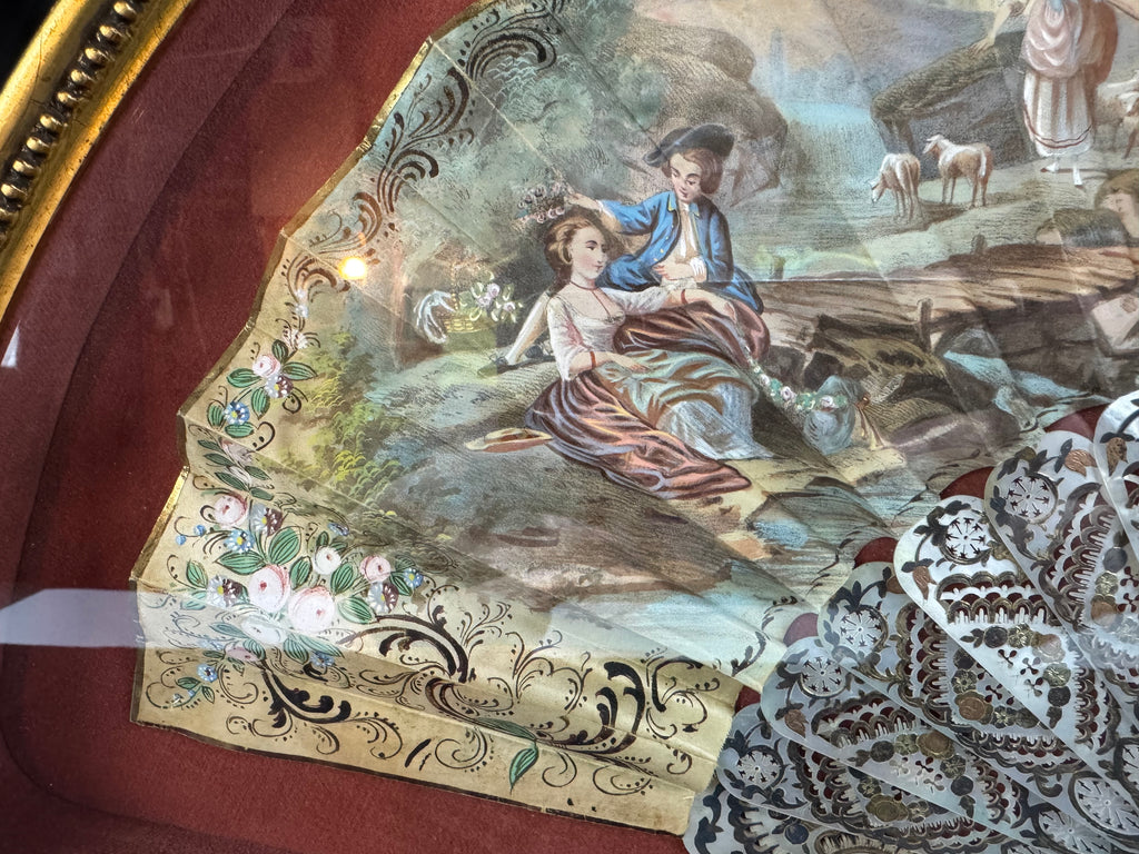 Antique European Hand-Painted Fan Shadowbox Frame – Mother-of-Pearl Style, Romantic Scene, Ornate Gilded Display, c.1900
