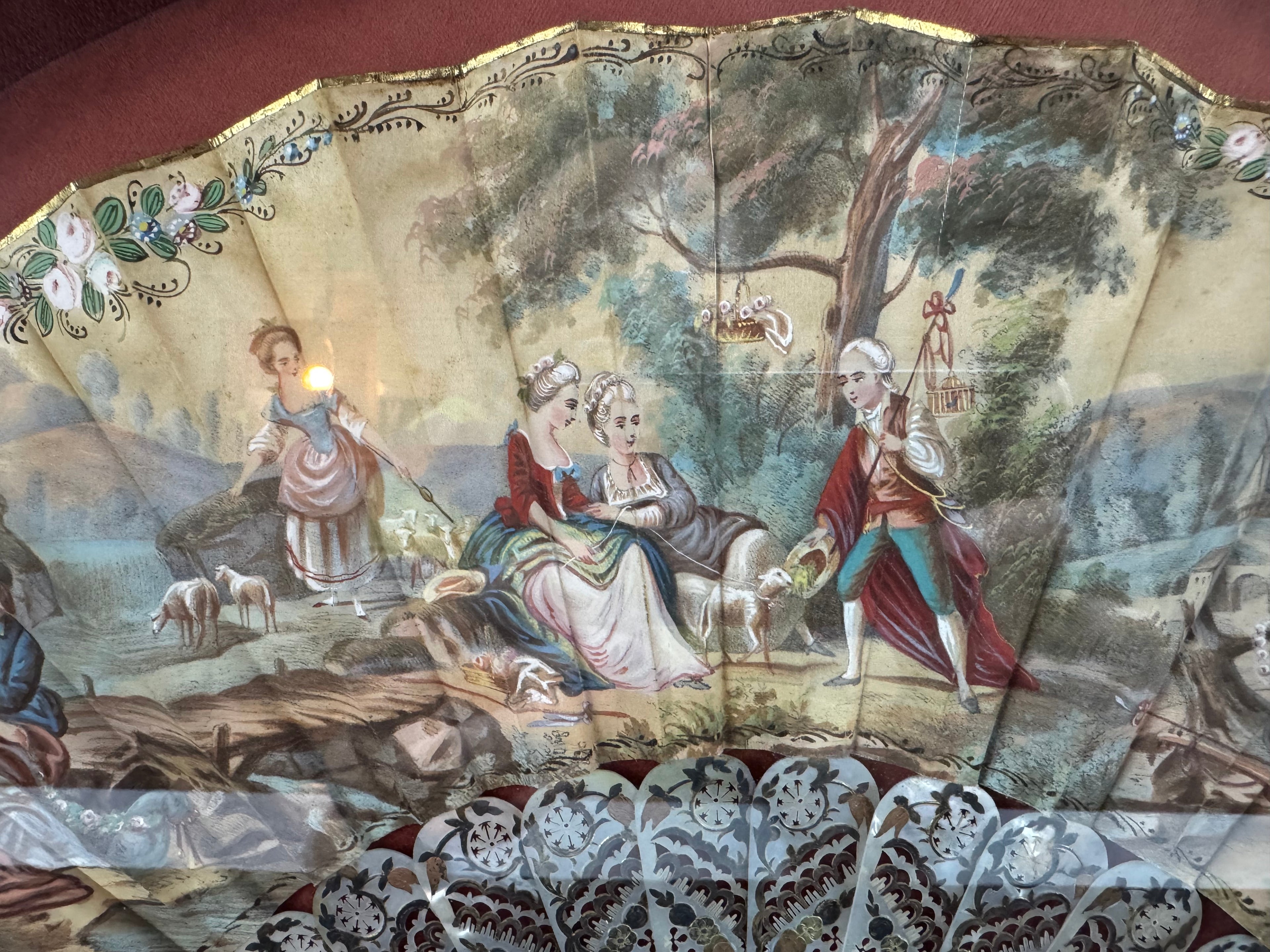 Antique European Hand-Painted Fan Shadowbox Frame – Mother-of-Pearl Style, Romantic Scene, Ornate Gilded Display, c.1900