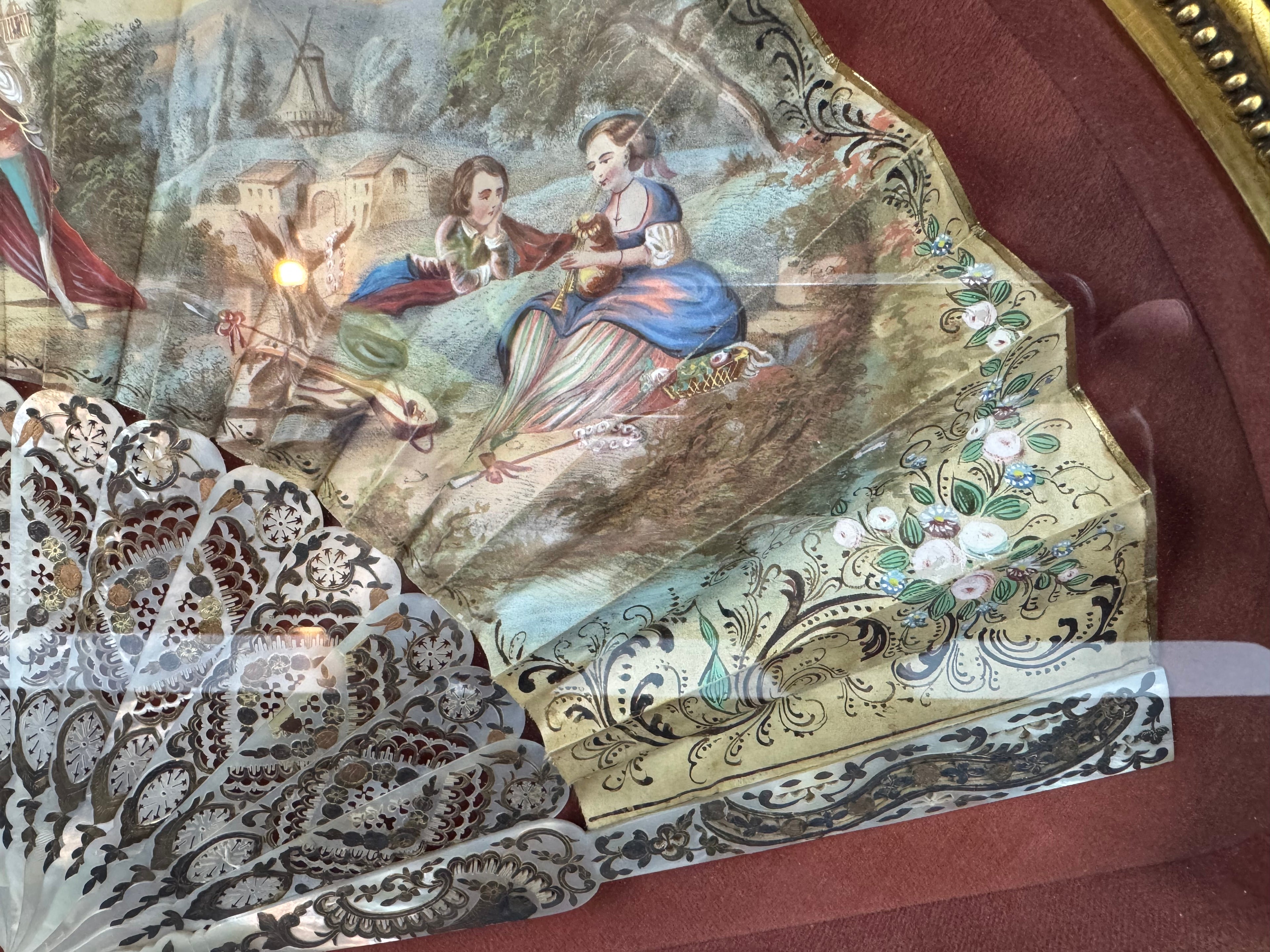 Antique European Hand-Painted Fan Shadowbox Frame – Mother-of-Pearl Style, Romantic Scene, Ornate Gilded Display, c.1900
