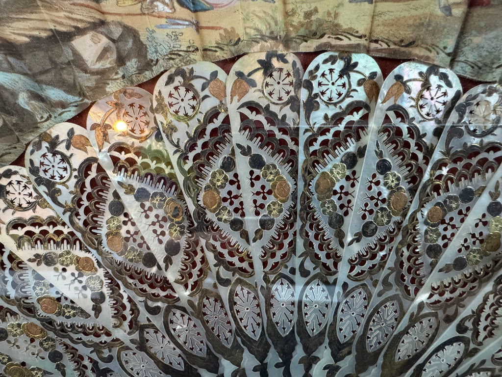 Antique European Hand-Painted Fan Shadowbox Frame – Mother-of-Pearl Style, Romantic Scene, Ornate Gilded Display, c.1900