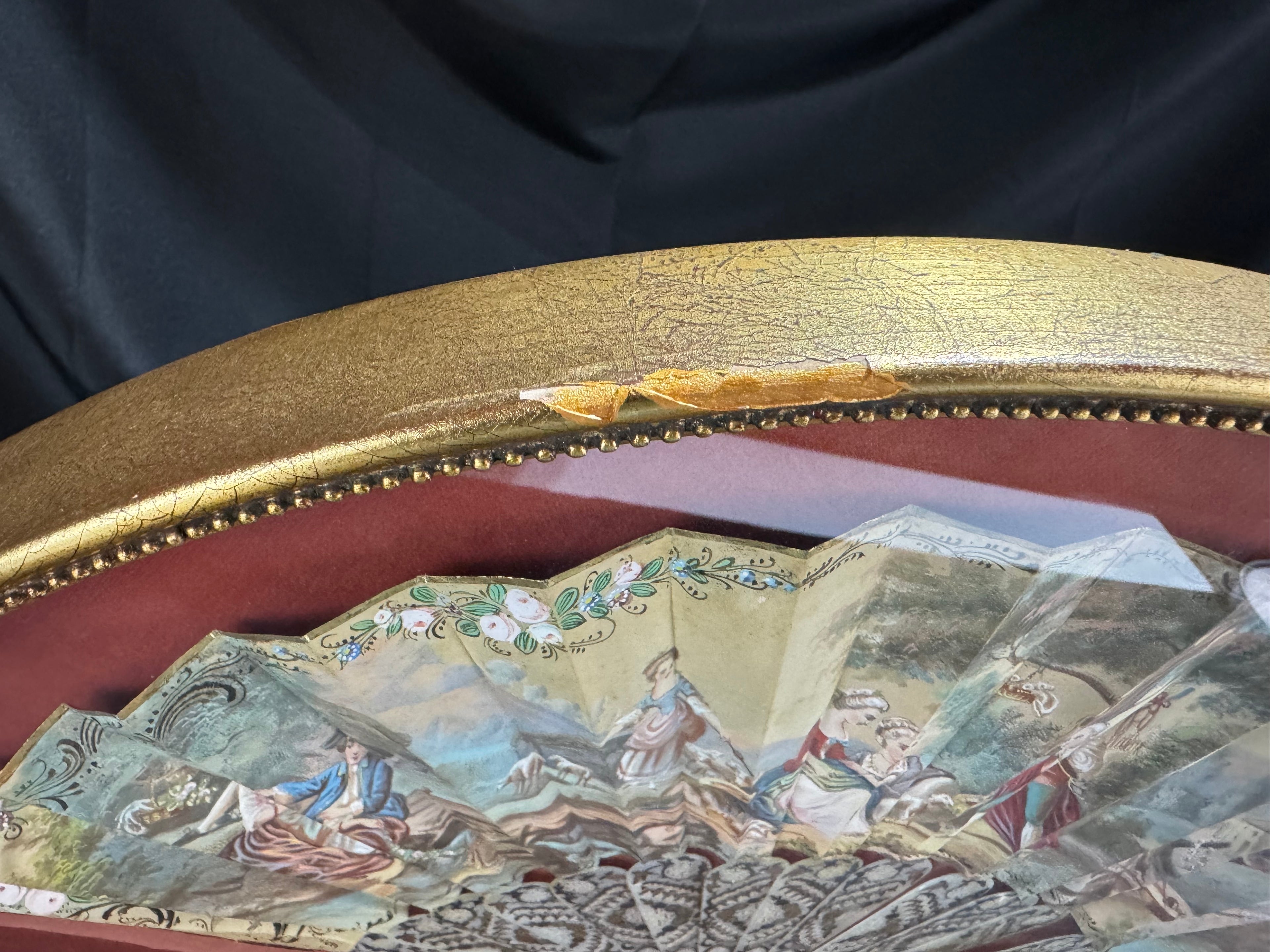 Antique European Hand-Painted Fan Shadowbox Frame – Mother-of-Pearl Style, Romantic Scene, Ornate Gilded Display, c.1900