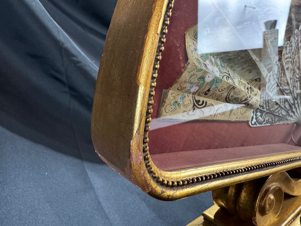 Antique European Hand-Painted Fan Shadowbox Frame – Mother-of-Pearl Style, Romantic Scene, Ornate Gilded Display, c.1900