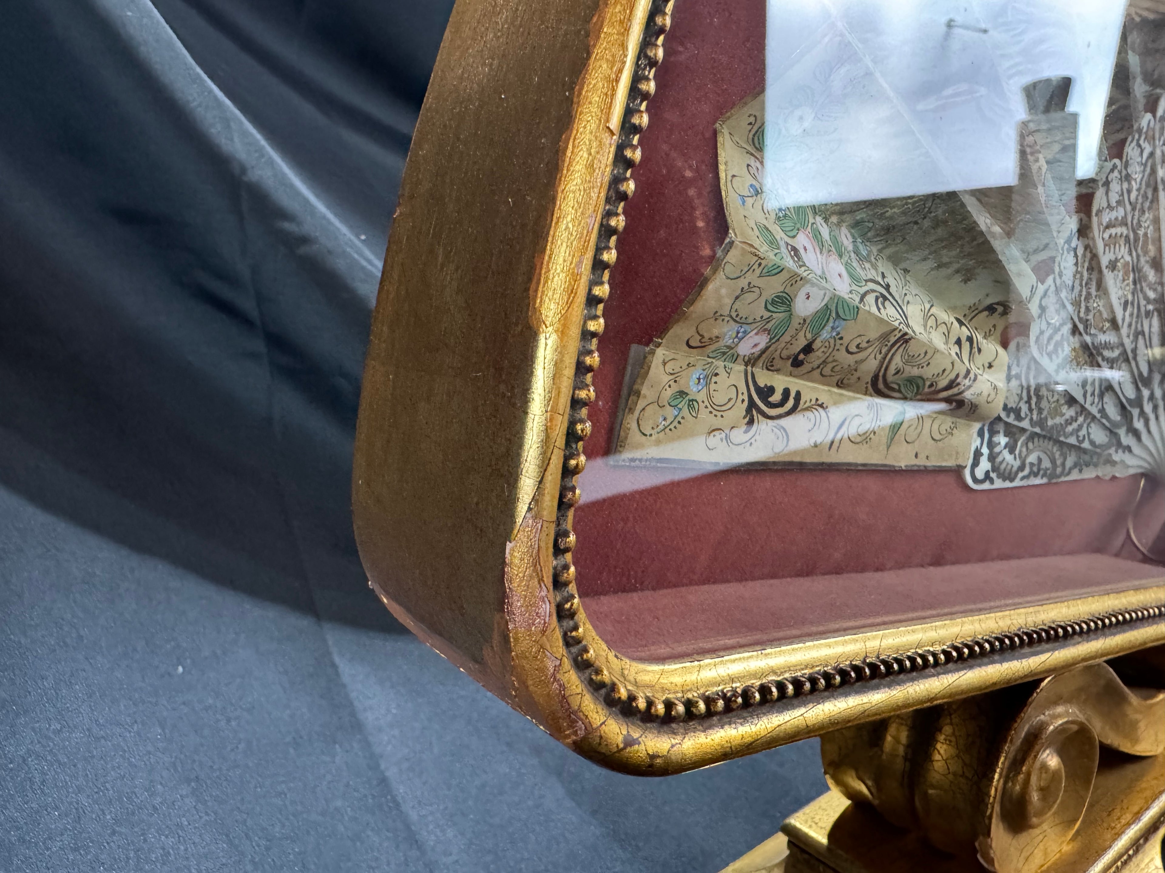 Antique European Hand-Painted Fan Shadowbox Frame – Mother-of-Pearl Style, Romantic Scene, Ornate Gilded Display, c.1900